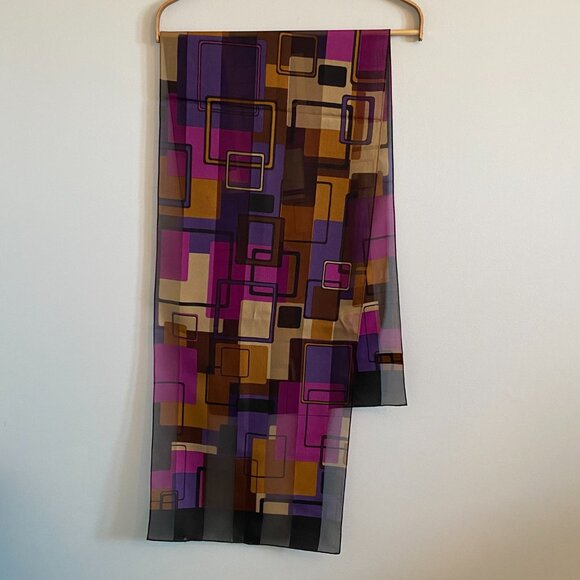 2/$20 👒 Vintage Oldstock Sheer Scarf with Purple and Brown Geometric Pattern - Picture 4 of 7